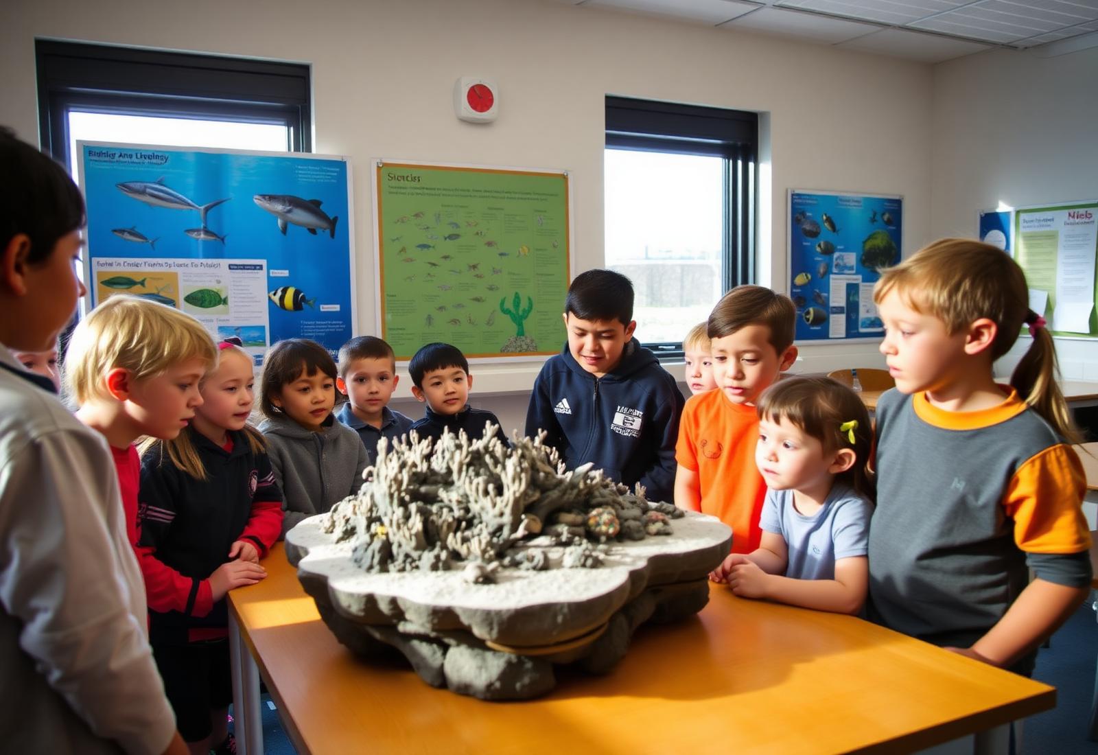 Students gathered around a scale model of a reef sculpture in a marine biology classroom