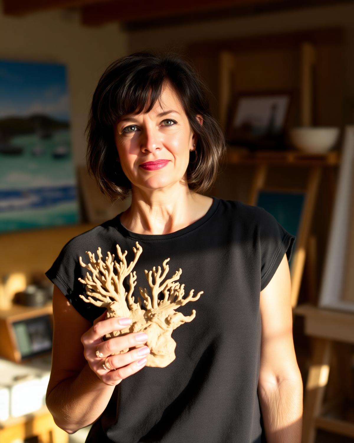Portrait of the Sea Sirens Design founder holding a reef sculpture maquette
