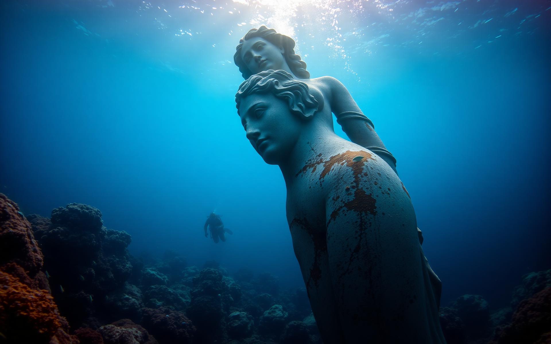 Underwater classical sculpture becoming an artificial reef with a diver in the distance