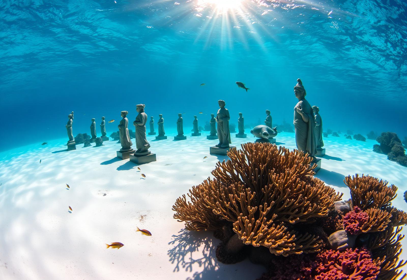 Underwater sculpture garden with classical figures on a sunlit reef
